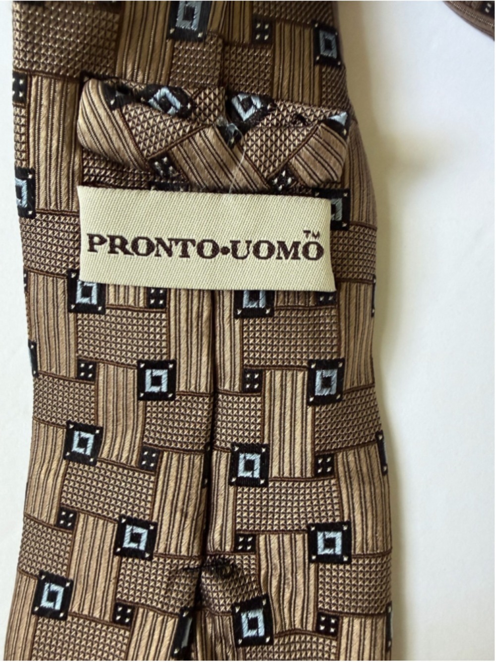 Pronto Uomo Brown Blue Geometric Woven Necktie Classic Wide Tie - Picture 3 of 6